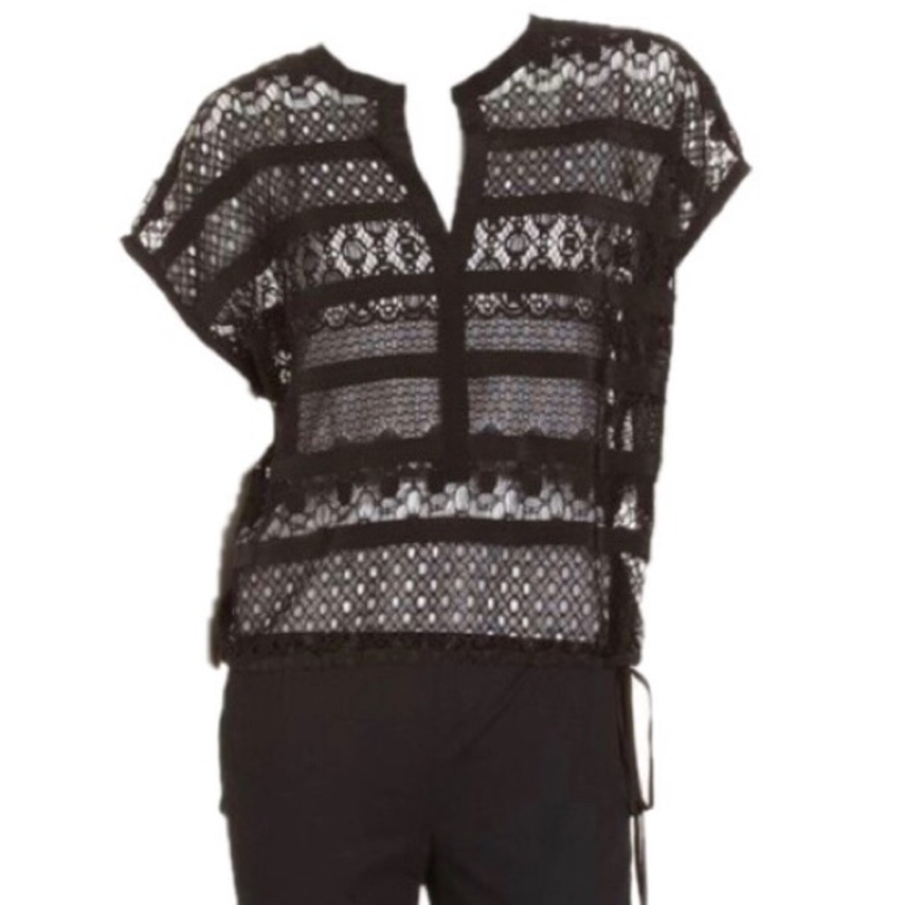 BCBGMaxazria  Nahla Black Lace Crochet Split Neck Unlined Top